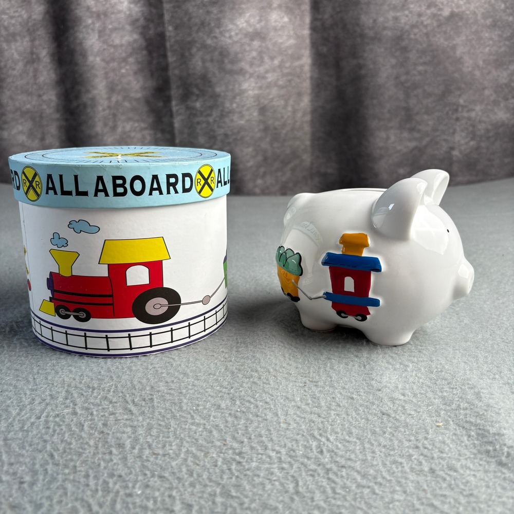 This Little Piggy Inc Ceramic Train Piggy Bank with All Aboard Gift Box White
